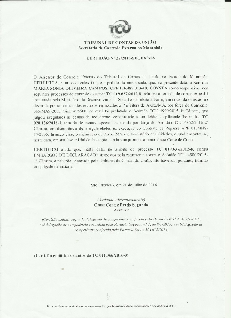 TCU mostra consequências da não prestação de contas de Sônia Campos.