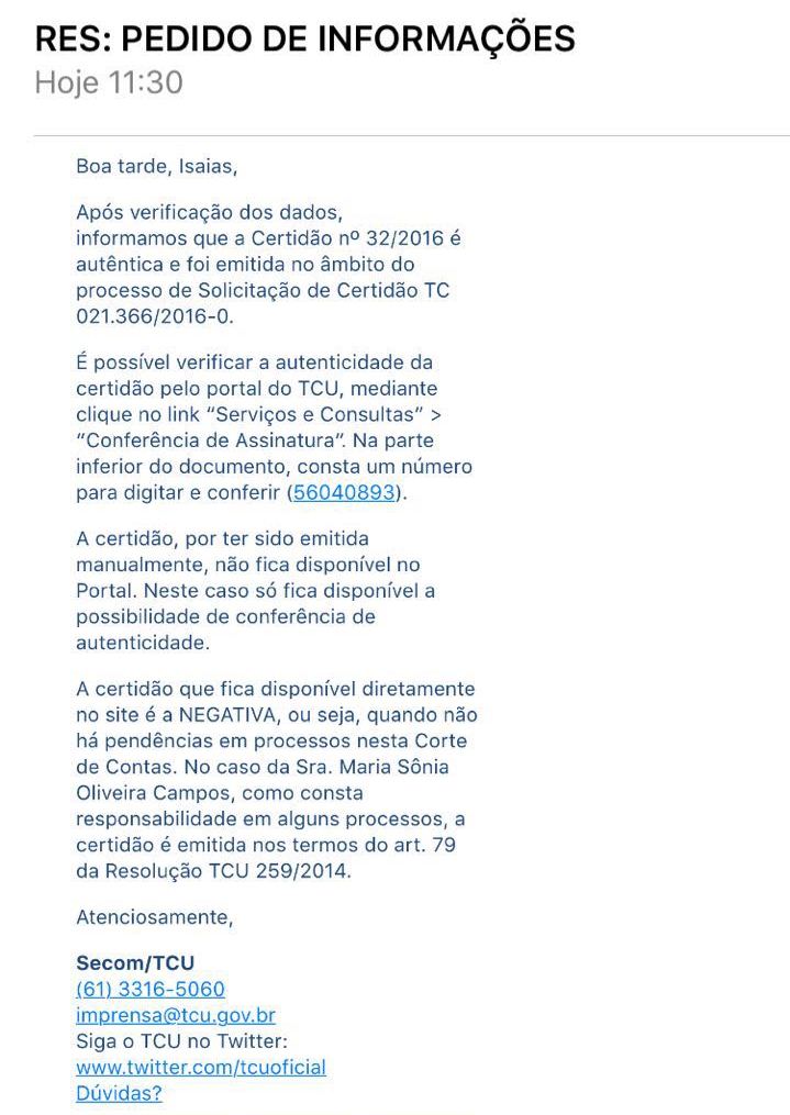 Em nota ao blog, TCU diz que Sônia Campos tem pendências em processos na Corte de Contas.